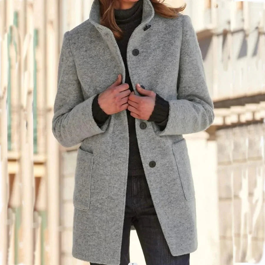 Gray wool coat with stand-up collar and pockets