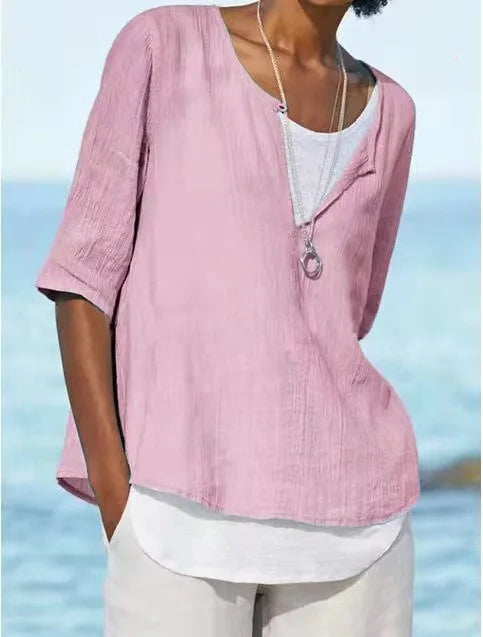 NIMA elegante witte o hals linnen dames blouse