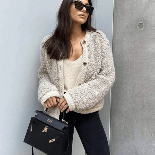 Lea – teddy cardigan with round neck and button placket