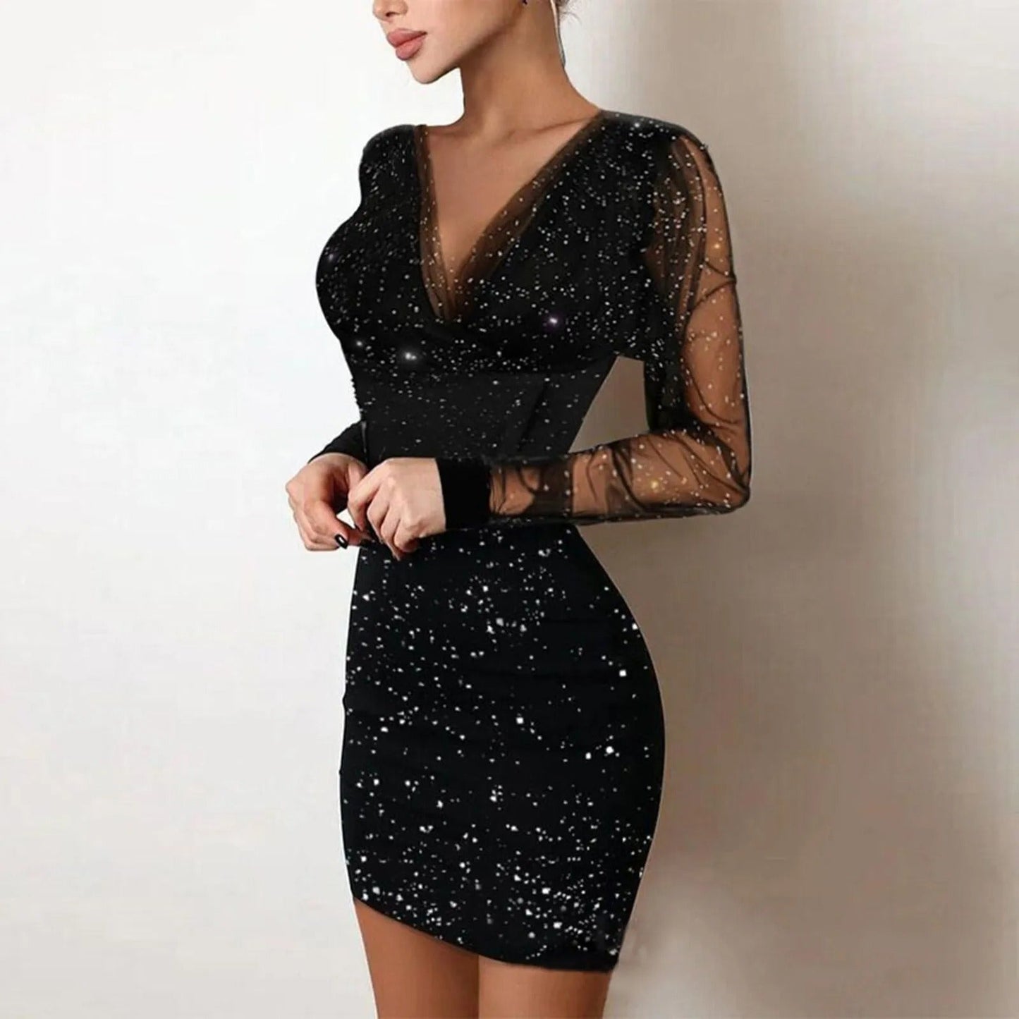pleated satin cocktail dress Whiteh V-neck glitter dress