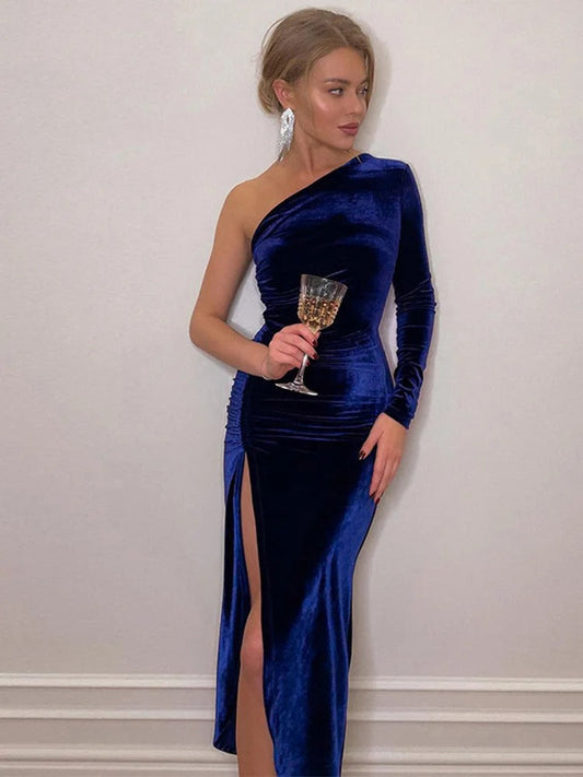 NIMA Elegante fluwelen blauwe comfortabele glitterjurk