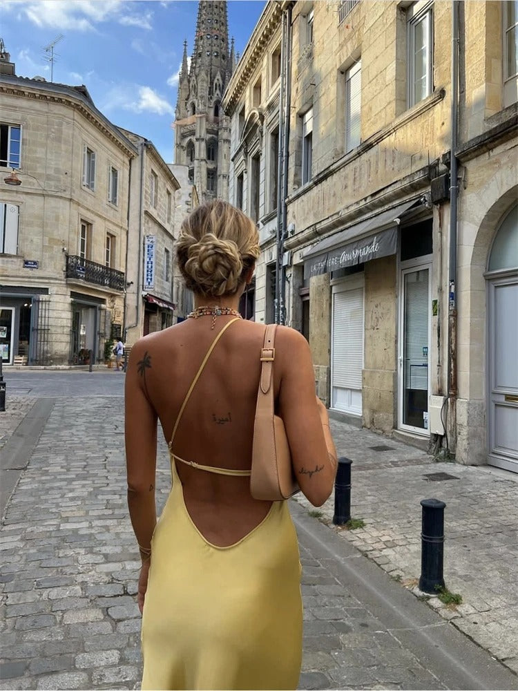 NIMA Elegantes gelbes Midikleid