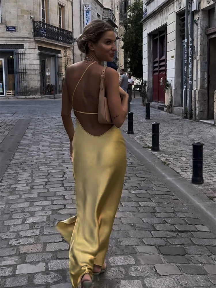 NIMA Elegantes gelbes Midikleid
