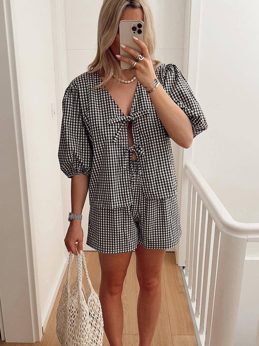 NIMA Getailleerde blouse en broek set met ruitenprint