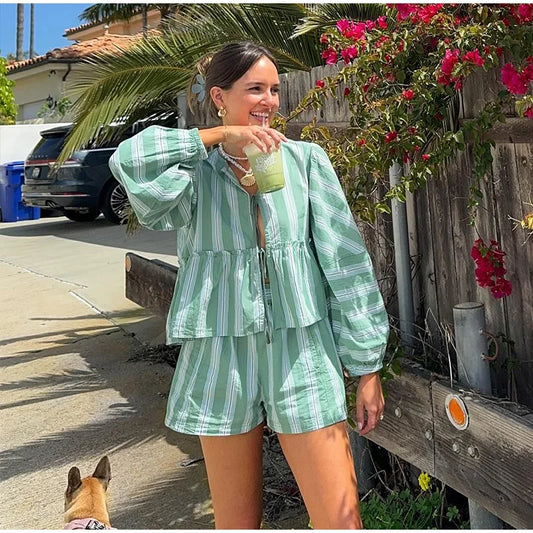 NIMA bedrukte gestreepte blouse en broek set