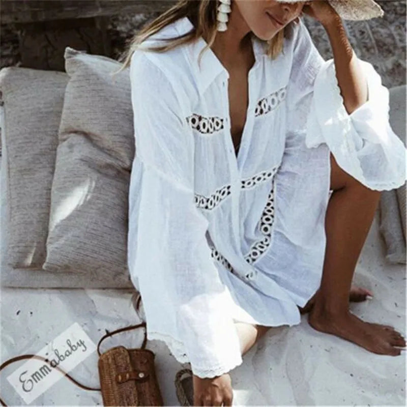 NIMA witte kanten holle print lange zomer blouse