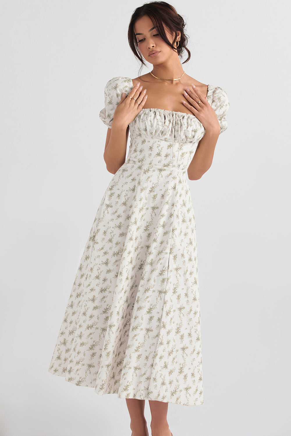 NIMA Midi zonnejurk met bloemenpofmouwen