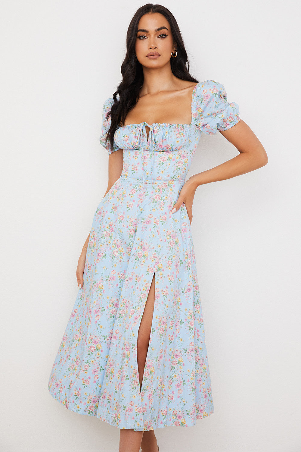 NIMA Midi zonnejurk met bloemenpofmouwen