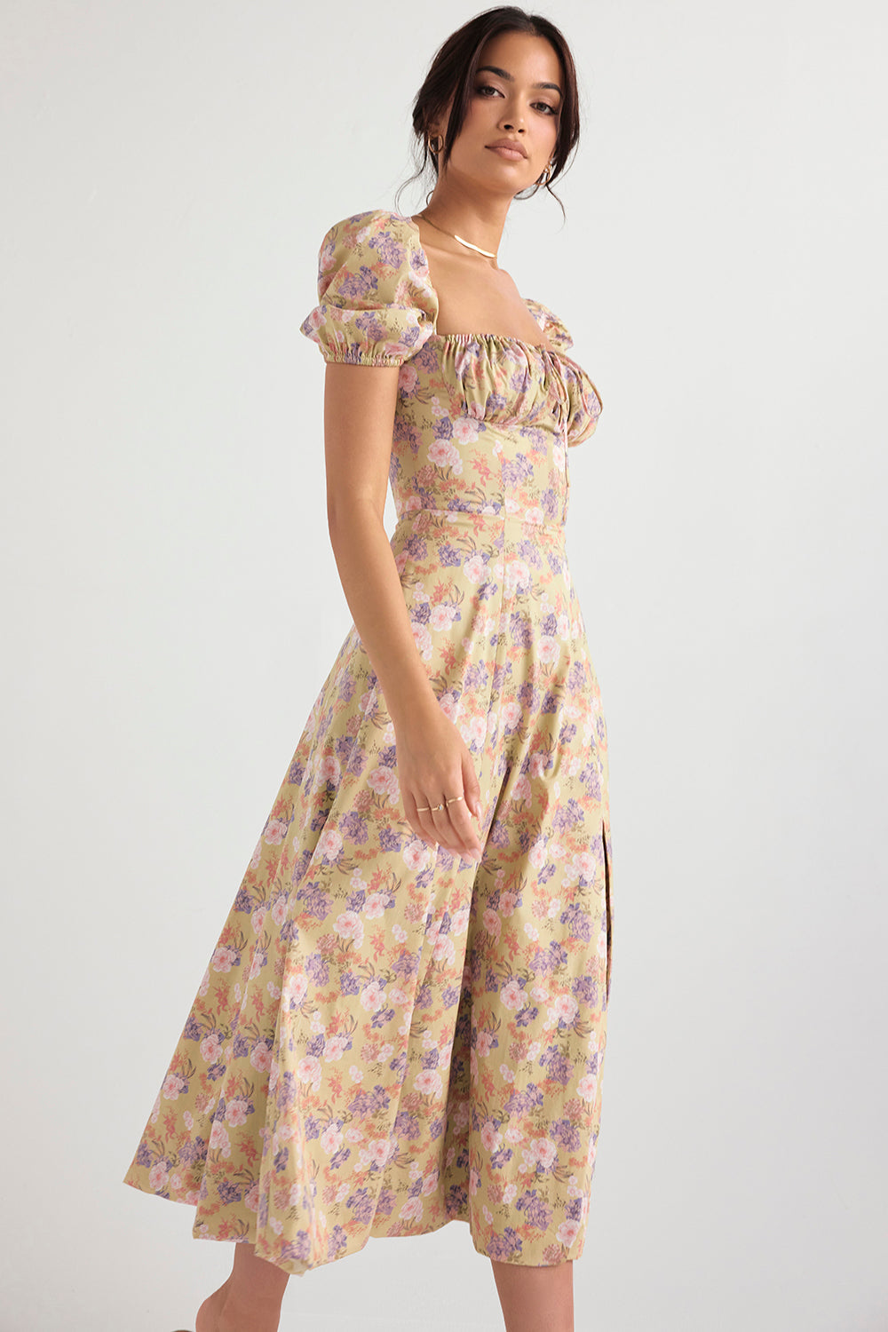 NIMA Midi zonnejurk met bloemenpofmouwen