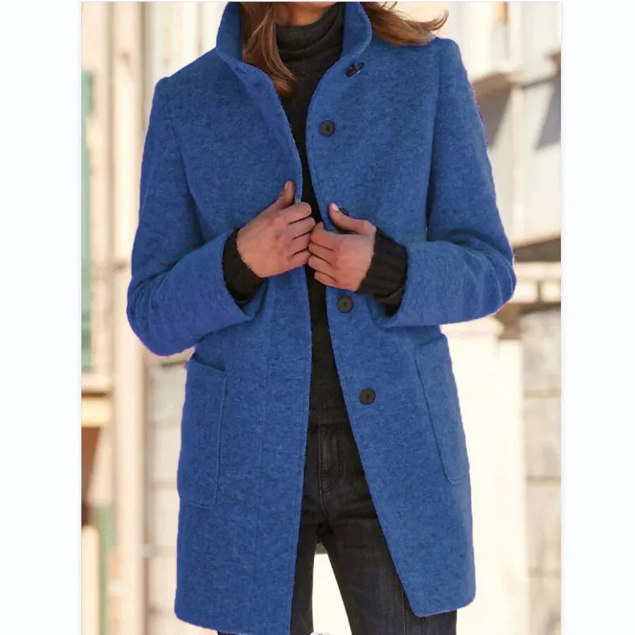 Gray wool coat with stand-up collar and pockets