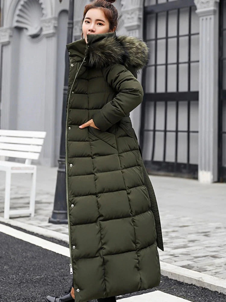 Women's winter down coat with hood – long, elegant cut