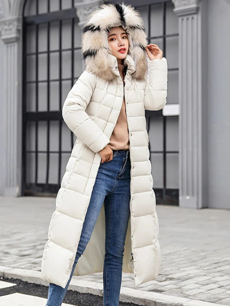 Women's winter down coat with hood – long, elegant cut