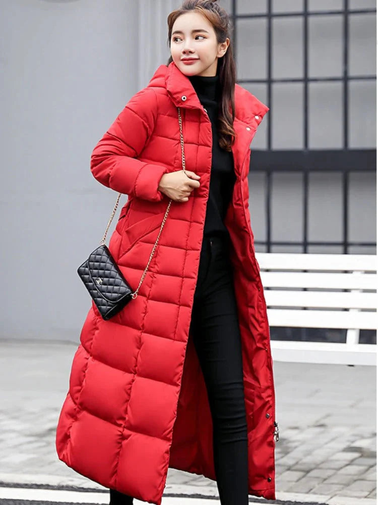 Women's winter down coat with hood – long, elegant cut