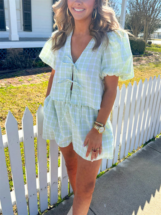NIMA Blouse en broek set met V-hals en pofmouwen met V-hals en pofmouw